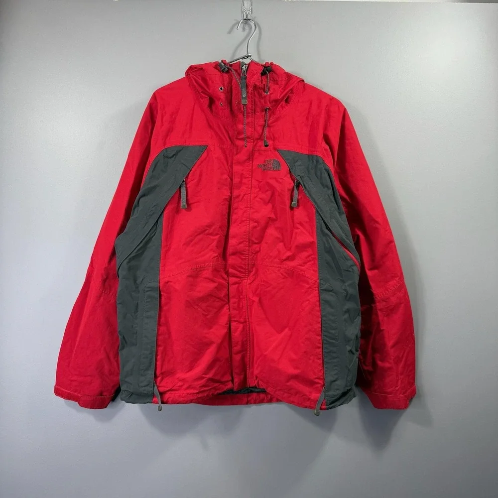 The North Face Jacket Mens Medium Red Gray HyVent Hooded Waterproof Ski Shell
